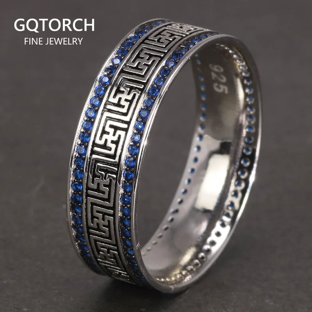 Türkische Ringe aus echtem Sterlingsilber 925, für Männer und Frauen mit blauem, rundem Zirkon, Retro-Punk-Ringe, modischer Silberschmuck