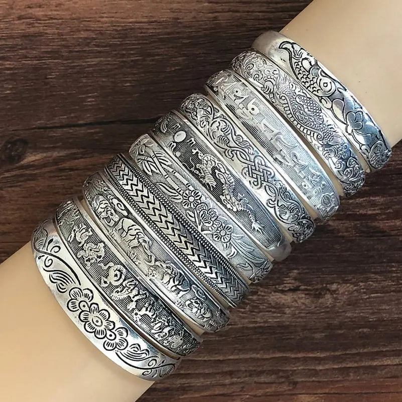 Neue Retro Manschette Armbänder tibetischen Silber Metall schnitzen Fisch Elefant Blume Armreifen Vintage Zigeuner Schmuck weibliche Geschenke