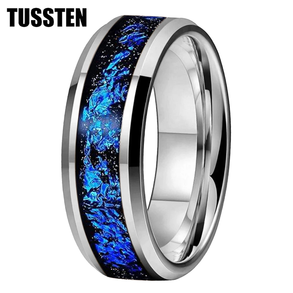 Wolfram 6/8mm Wolfram Ring für Männer Frauen blaue Folie Inlay Verlobung Ehering abgeschrägt poliert glänzend bequeme Passform