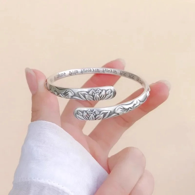Vintage 925 Thai Silber Lotusblume Manschettenarmband für Frauen Om Mani Padme Hum Buddhismus Ethnischer verstellbarer Armreif Schmuck