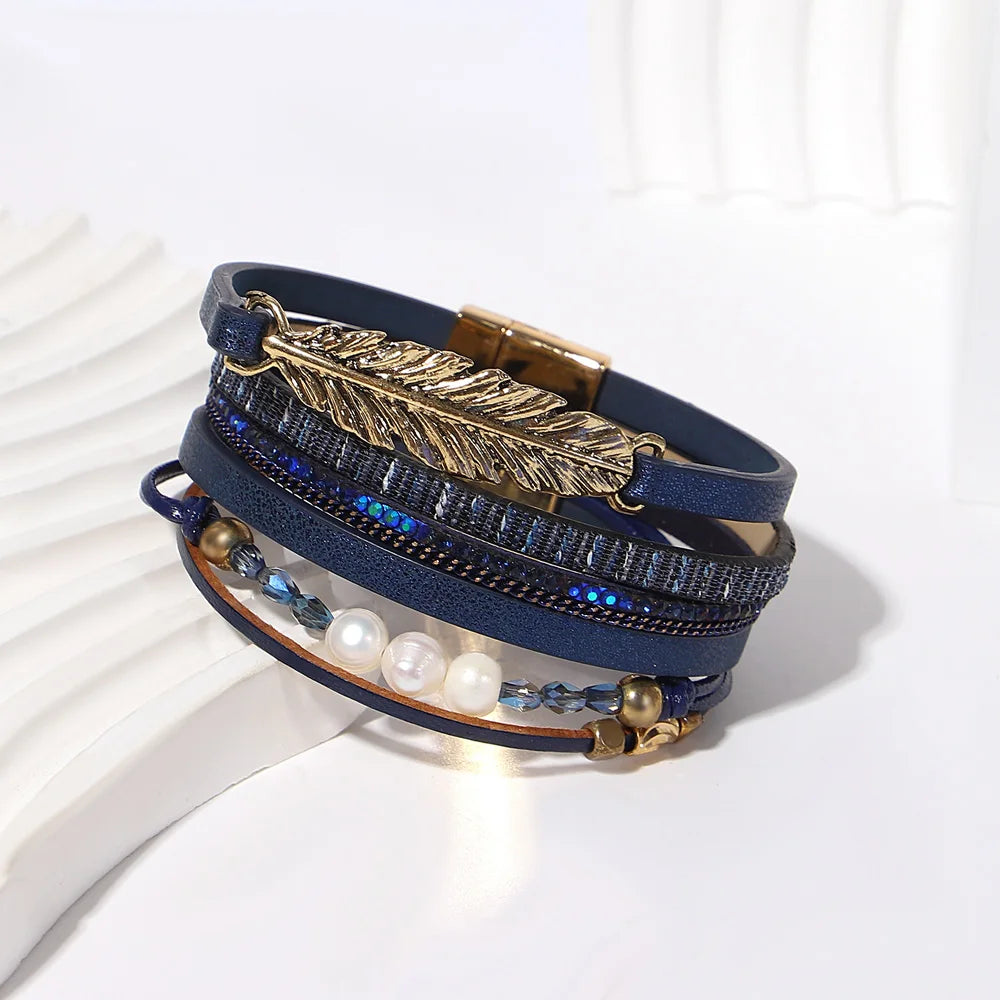 ALLYES Retro Blaue Lederarmbänder für Damen Herren Boho Charm Perle Kristall Herz Mehrschichtiges Wickelarmband & Armreif Schmuck Geschenke