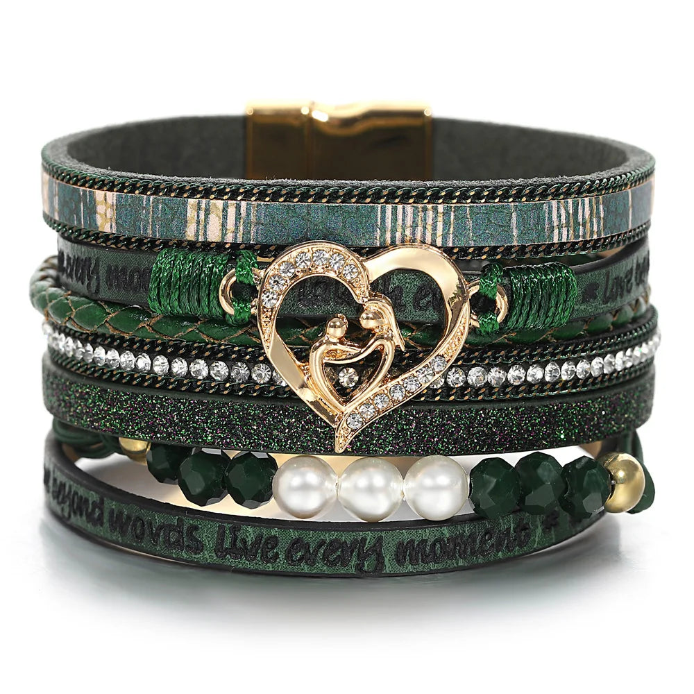 ALLYES Vintage grünes mehrschichtiges Wickelarmband aus Leder für Damen und Herren, Boho-Armbänder mit eingelegten Strasssteinen und Armreifen, Charm-Schmuck