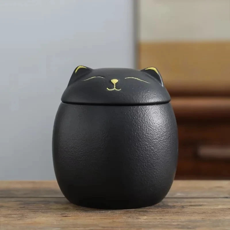 Urn for pet ashes, cat shape memorial cremation urns, hand crafted black, decorative urns for burial dog, ceramic sealed jar