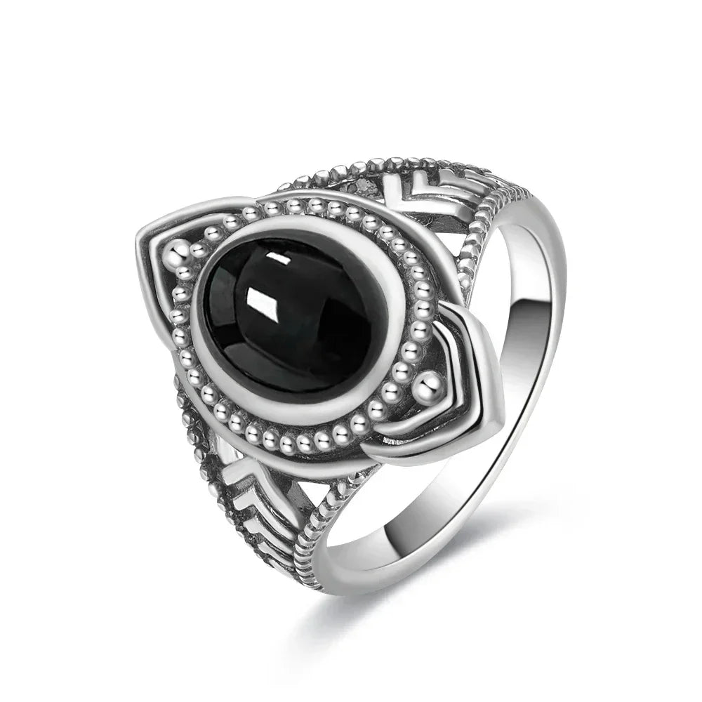 Vintage-Ring aus 925er Silber, natürlicher schwarzer Onyx-Ring, kreisförmiger Denier-Typ, Pferdeauge-Design, Geschenk, edler Schmuck, schwarzer Ring für Männer und Frauen