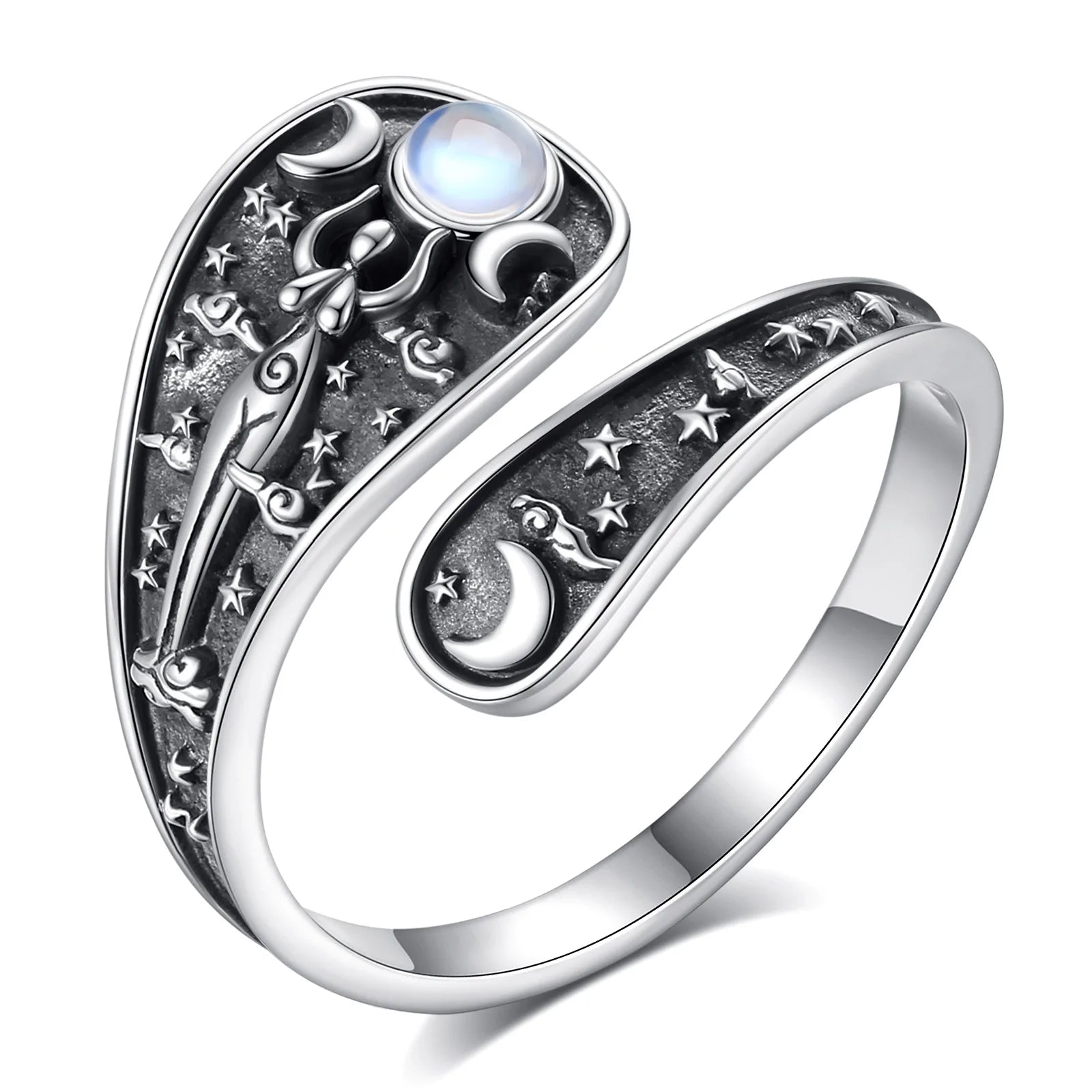 Eudora Verstellbarer Ring aus 925er-Sterlingsilber mit dreifacher Mondgöttin, Mondstein, Hekate, Amulett, Löffelring, Vintage-Schmuck, Geschenk für Frauen