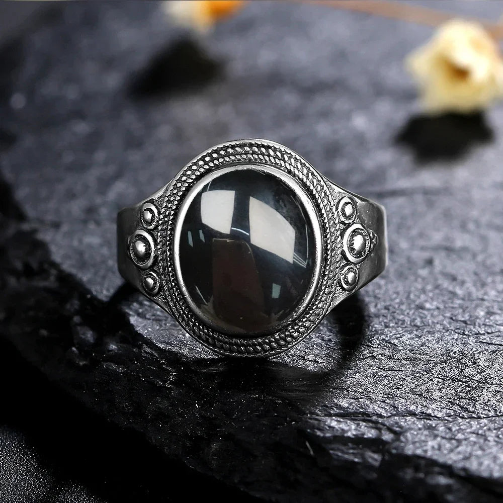Vintage-Ring aus 925er Silber, natürlicher schwarzer Onyx-Ring, kreisförmiger Denier-Typ, Pferdeauge-Design, Geschenk, edler Schmuck, schwarzer Ring für Männer und Frauen