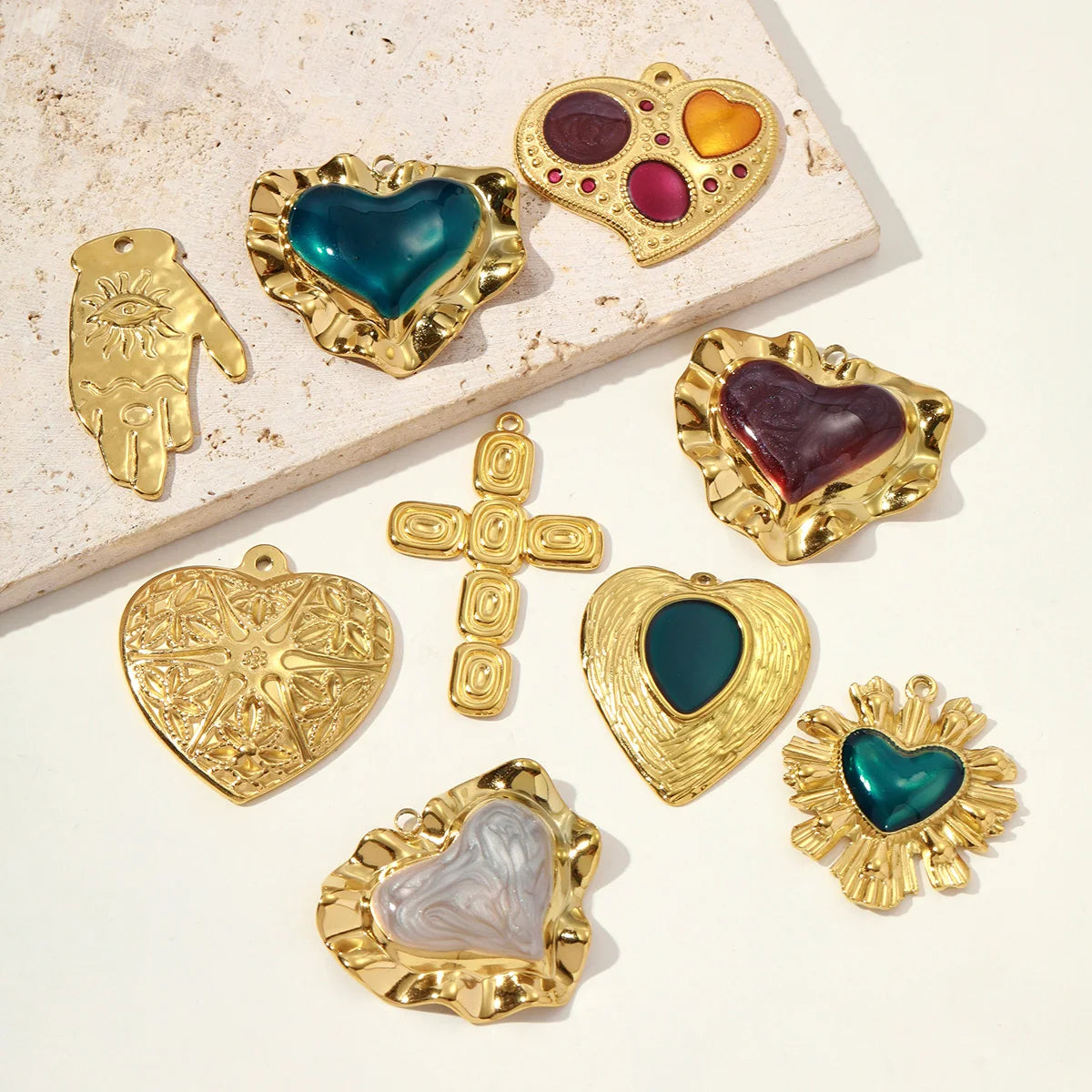 3 teile/los Französisch Retro Edelstahl Emaille Liebe Herz Halskette Anhänger Hamsa Hand DIY Ohrring Charme Frauen Große Kreuz Schmuck