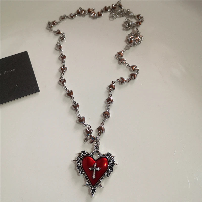 Gothic Rotes Kreuz Stern Herz Anhänger Halskette Für Frauen Männer Hip Hop Straße Vintage Y2K Grunge Punk Y2K Ästhetischen Schmuck Geschenke