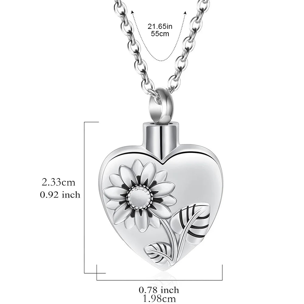 Urnen-Medaillon-Halskette mit Sonnenblumen-Herz, Asche-Halskette aus Edelstahl, Urnen-Halskette für Asche, Erinnerungs-Andenken, Schmuck für menschliches Haustier