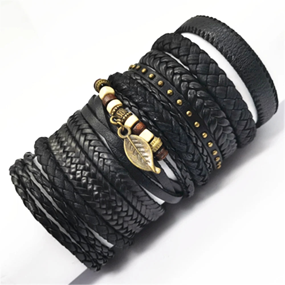 10 Teile/satz Schwarz Wrap Woven Neue Mode Handgemachte Männer Armbänder Männlichen Frauen Leder Armbänder Männer Armreif Großhandel Schmuck Geschenk