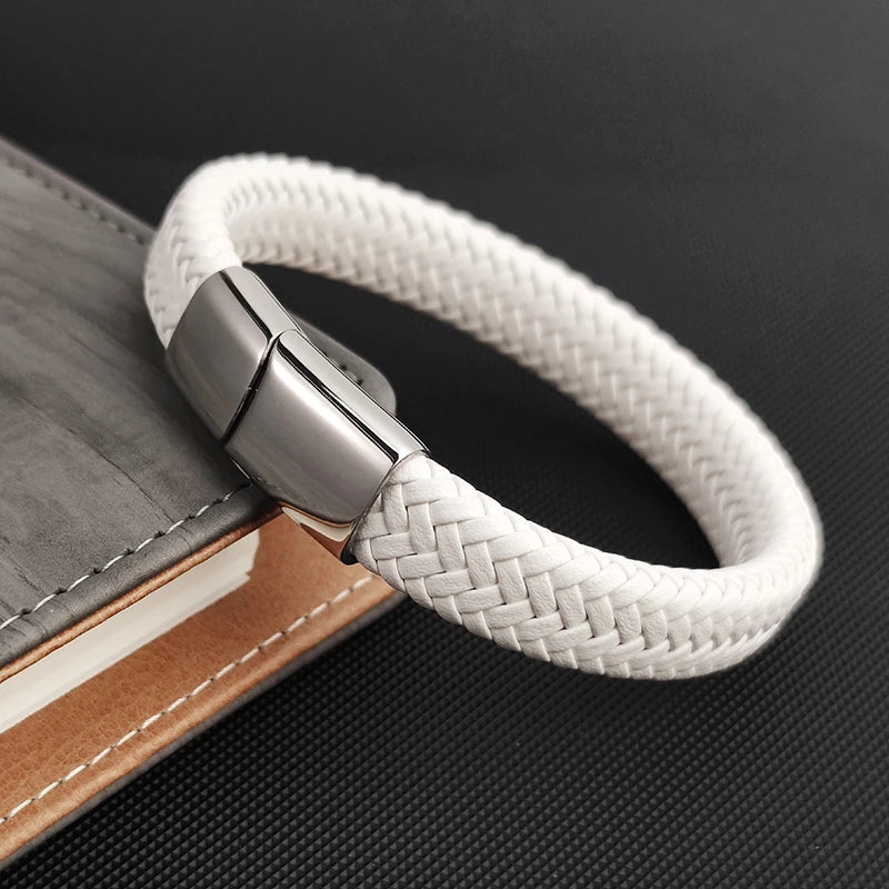 Mode Einfache Weiße Leder Geflecht Armband Edelstahl Schnalle Verschlüsse für Männer Handgemachte Armreif Großhandel Charme Schmuck Geschenk