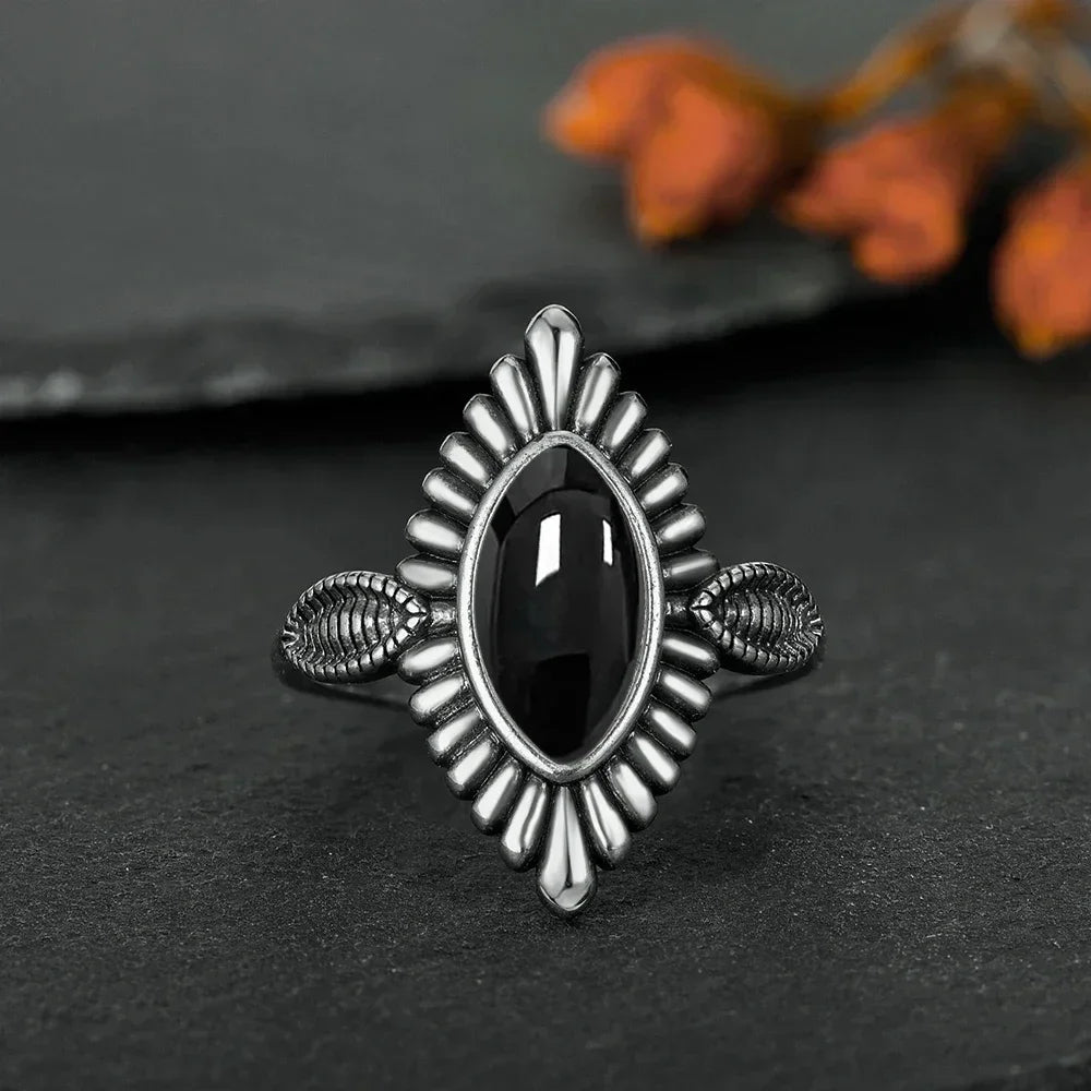 Vintage-Ring aus 925er Silber, natürlicher schwarzer Onyx-Ring, kreisförmiger Denier-Typ, Pferdeauge-Design, Geschenk, edler Schmuck, schwarzer Ring für Männer und Frauen
