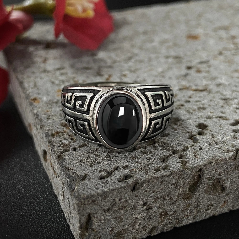 Vintage-Ring aus 925er Silber, natürlicher schwarzer Onyx-Ring, kreisförmiger Denier-Typ, Pferdeauge-Design, Geschenk, edler Schmuck, schwarzer Ring für Männer und Frauen