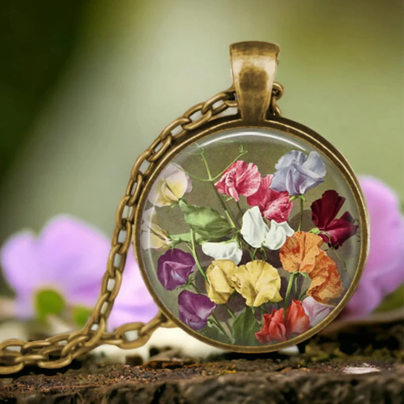 Vintage Antik vergoldete bunte süße Erbsenblume Glas Anhänger Halskette für Frauen Schmuck