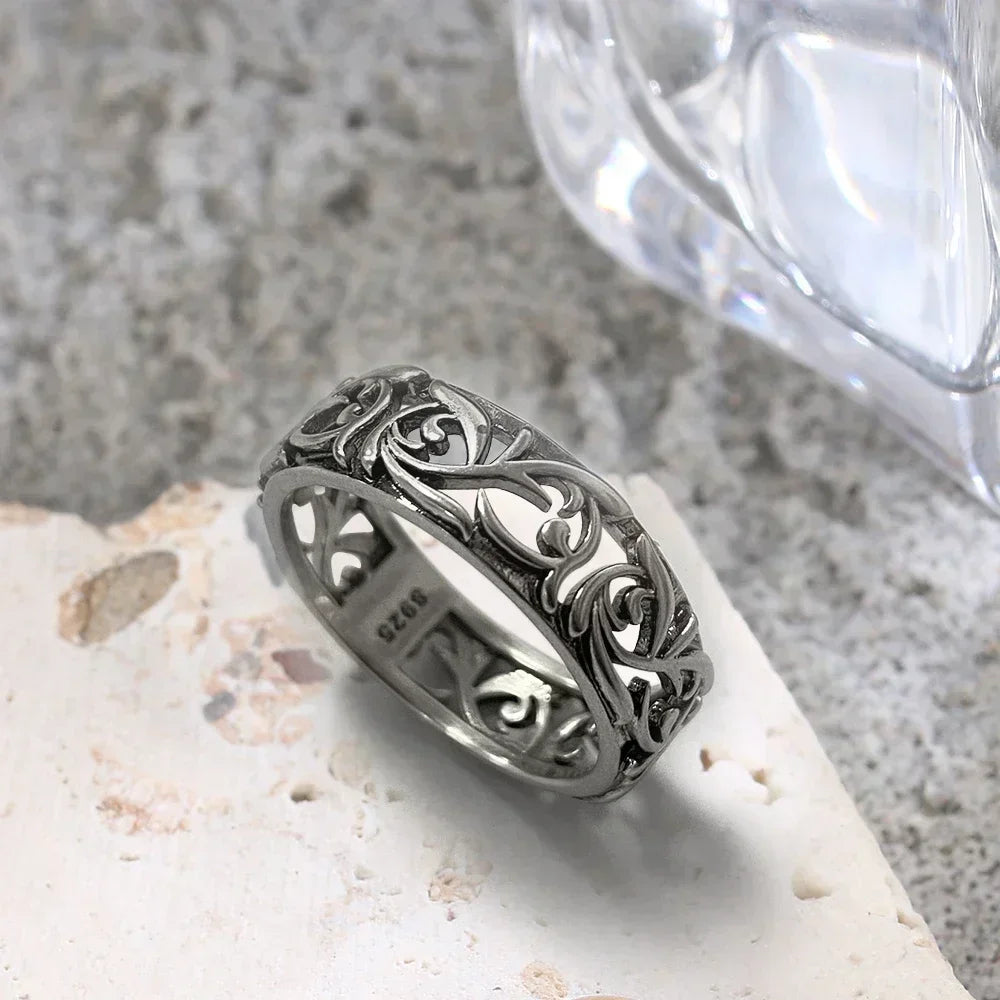 Ringe aus 925er-Sterlingsilber, ausgehöhlt, Vintage-Blumenform, mit Retro-Silber, Hip-Pop, coole Ringe, edler Schmuck, Geschenk für Damen und Herren