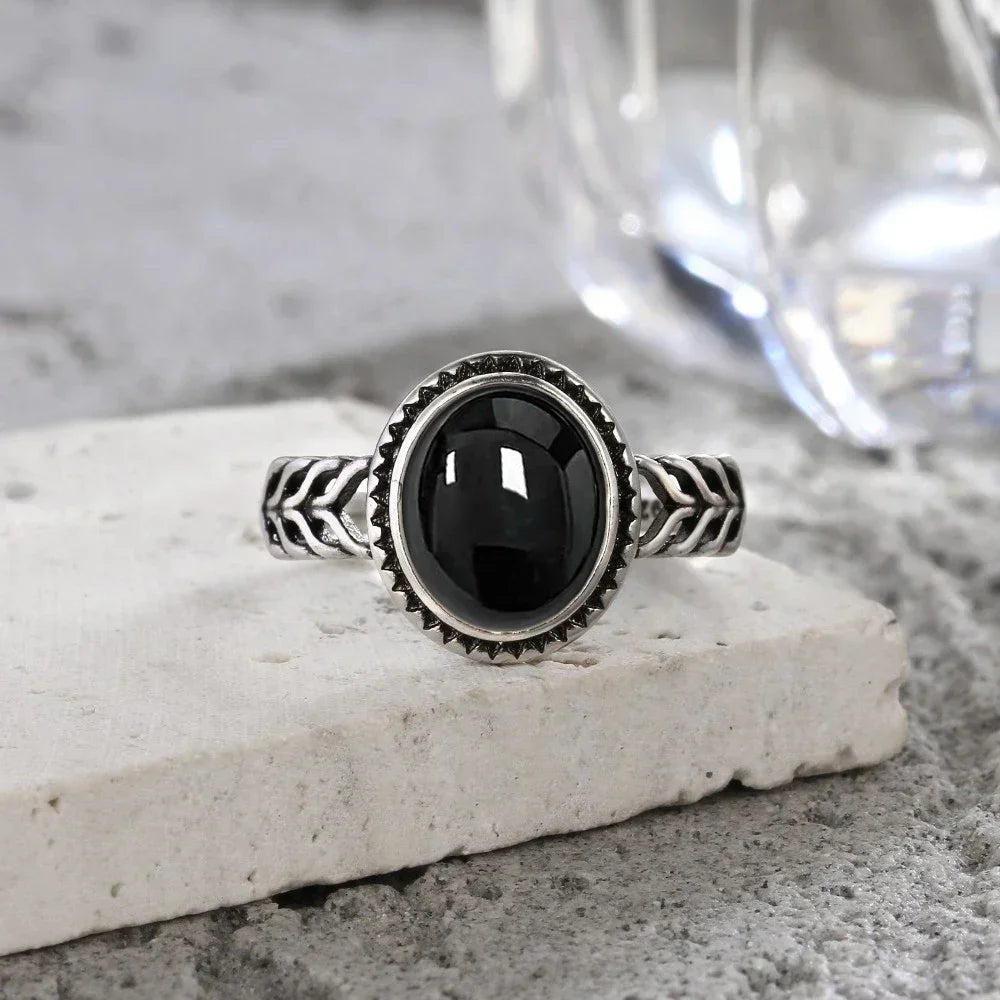 Vintage-Ring aus 925er Silber, natürlicher schwarzer Onyx-Ring, kreisförmiger Denier-Typ, Pferdeauge-Design, Geschenk, edler Schmuck, schwarzer Ring für Männer und Frauen