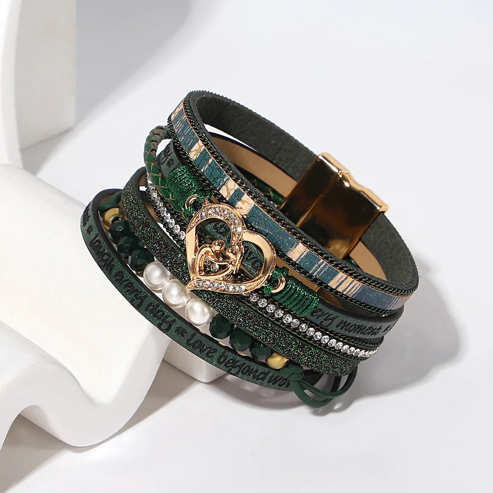 ALLYES Vintage grünes mehrschichtiges Wickelarmband aus Leder für Damen und Herren, Boho-Armbänder mit eingelegten Strasssteinen und Armreifen, Charm-Schmuck