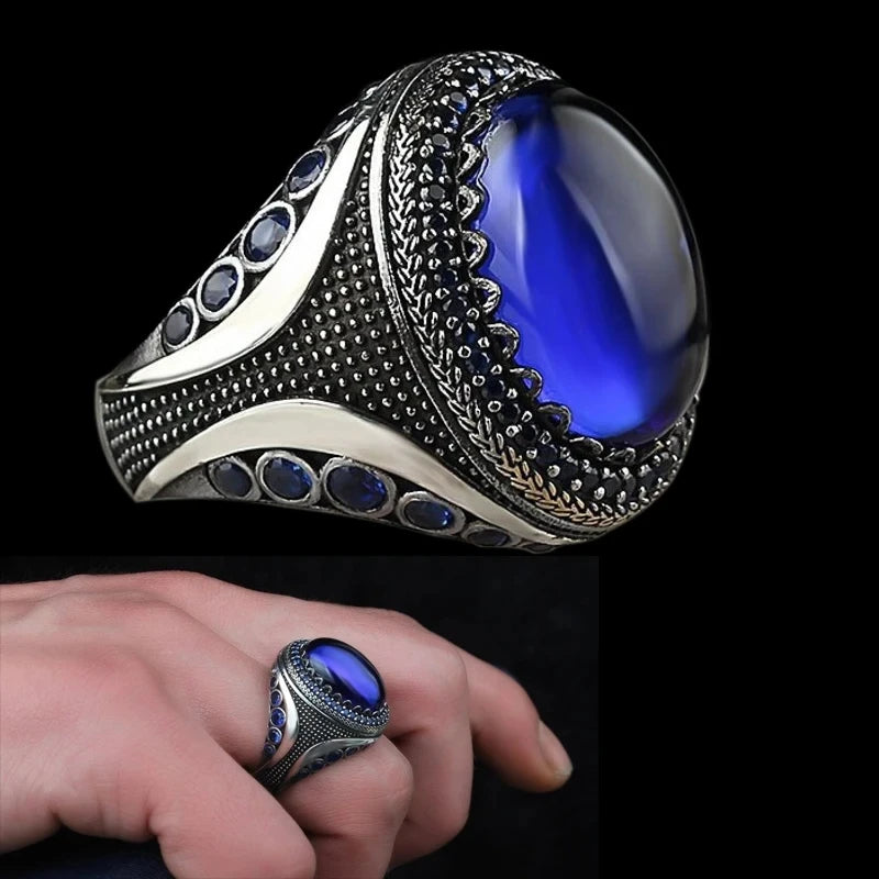 2025 Vintage Punk Große Dunkelblaue Stein Ringe für Männer Schmuck Zubehör Hochzeit Schmuck Vintage Zirkon Finger Ringe