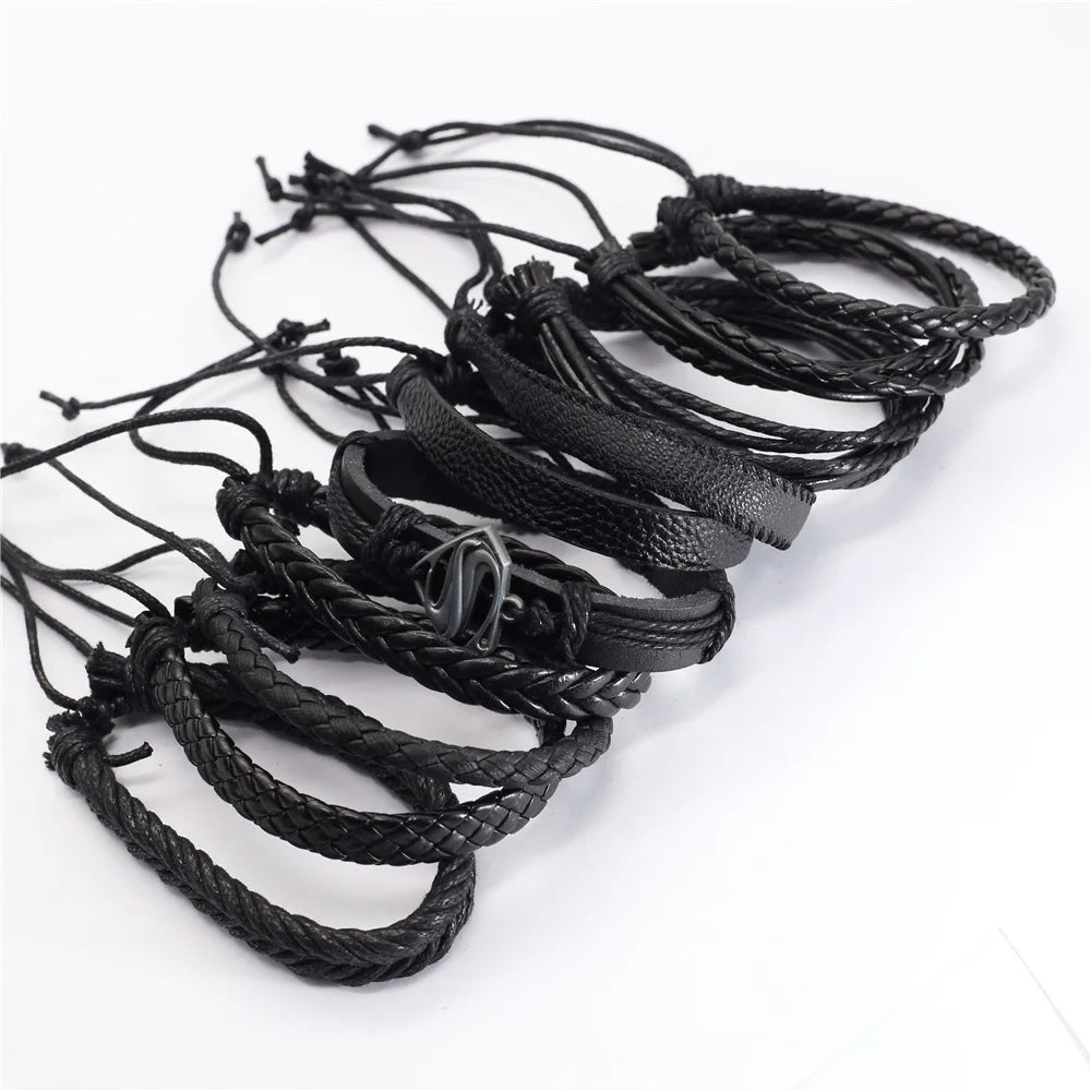 10 Teile/satz Schwarz Wrap Woven Neue Mode Handgemachte Männer Armbänder Männlichen Frauen Leder Armbänder Männer Armreif Großhandel Schmuck Geschenk