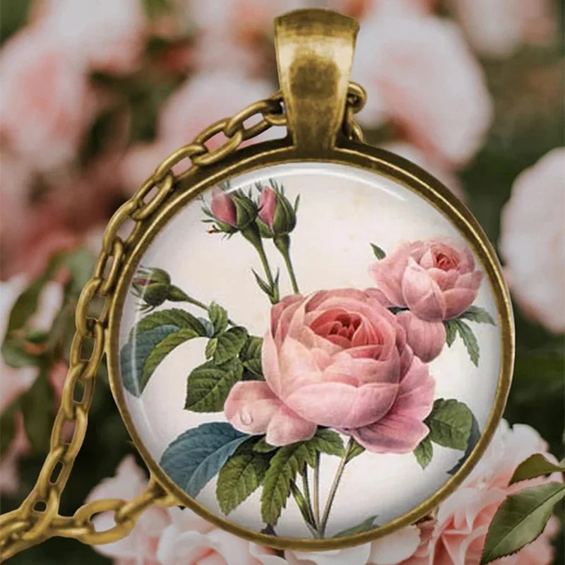 Vintage Antik vergoldete bunte süße Erbsenblume Glas Anhänger Halskette für Frauen Schmuck