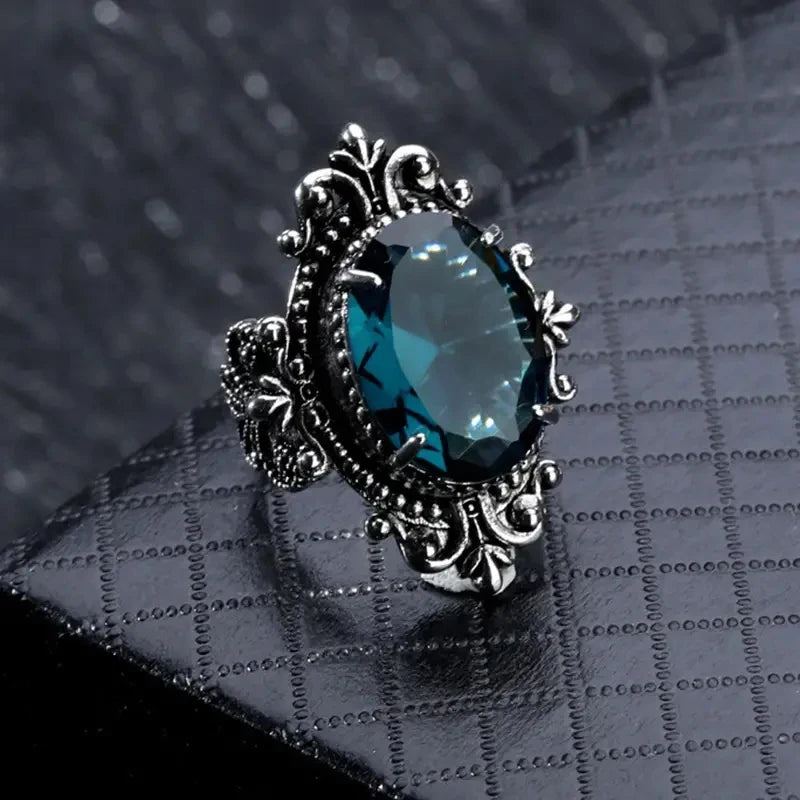 Huitan Geschnitzte Muster Vintage Frauen Ringe mit Oval Blau CZ Stein Retro Weibliche Ringe für Party Chic Jahrestag Geschenk Neue Schmuck