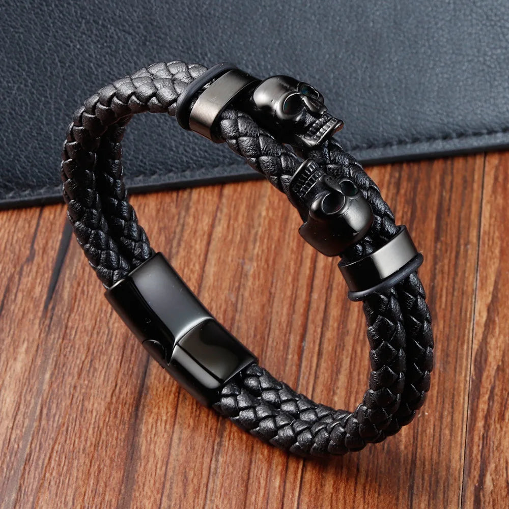 Übertreibung Männer Schmuck Schwarz Geflochtene Leder Armbänder Edelstahl Leder Armbänder Coole Schädel Armbänder Männer Armband