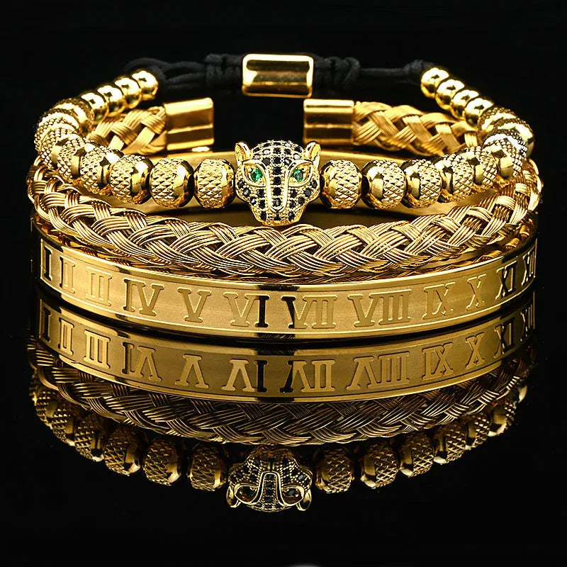 Luxus Schwarz Stein Perlen Leopard Kopf Mann Armband Emaille Edelstahl Römischen Armreifen Frauen Schmuck Set