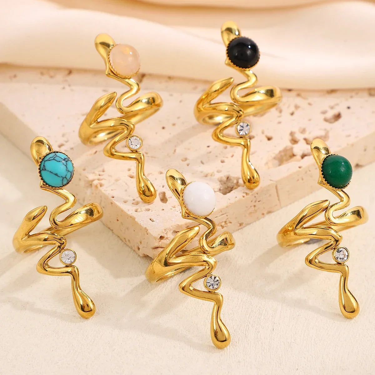Neue Natürliche Stein Zirkon Schlange Ringe Für Frauen Edelstahl Retro Vintage Öffnung Hochzeit Ring Mode Schmuck Geschenke