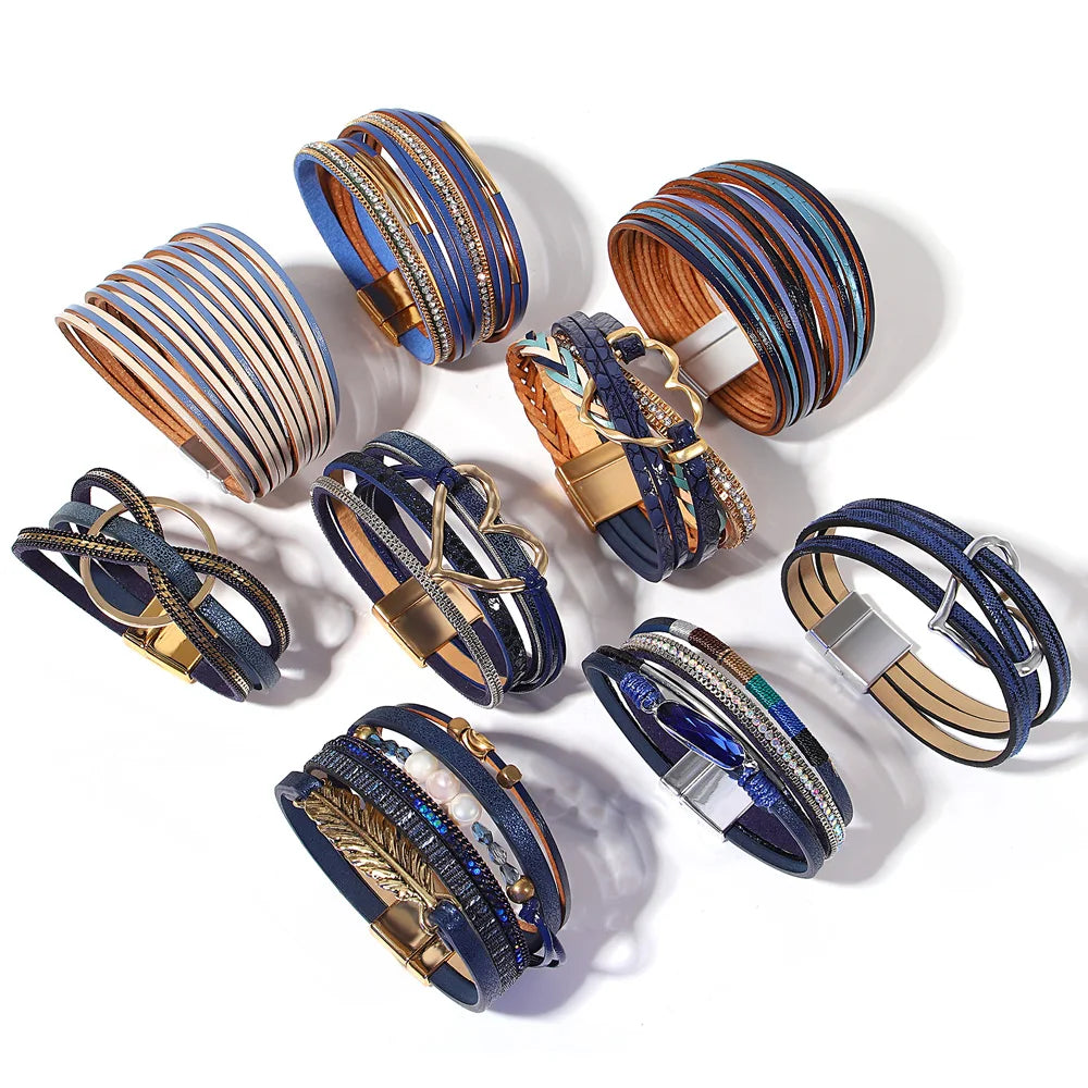 ALLYES Retro Blaue Lederarmbänder für Damen Herren Boho Charm Perle Kristall Herz Mehrschichtiges Wickelarmband & Armreif Schmuck Geschenke
