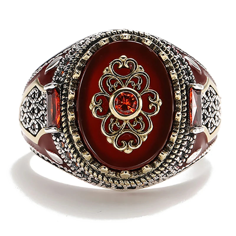 2025 Vintage Geschnitzte Muster Rot Zirkon Stein Ringe Für Männer Zubehör Jahrestag Party Geschenk Mode Schmuck Handgemachte Männer Ringe