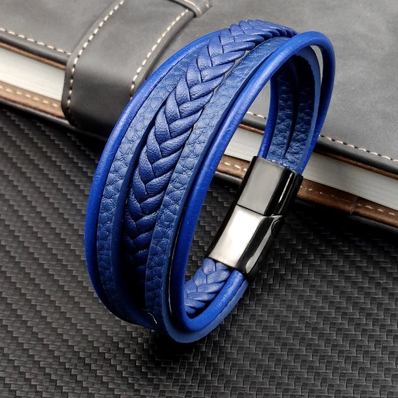 MingAo Neue Titan Stahl Blau Punk Geflochtene Leder Armband Für Männer Schwarz Magnet Verschluss Armreif Die Beste Geschenk für Vintage schmuck