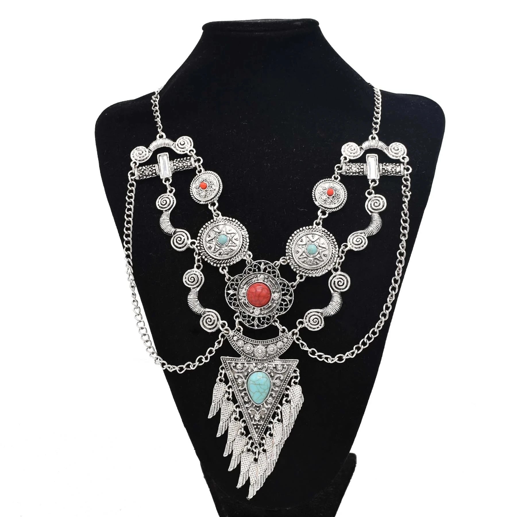 Afghanische Vintage Silber Farbe Legierung Halsketten Perlen Geometrische Form Münze Quaste Anhänger Klobige Halsketten für Boho Gypsy Türkisch