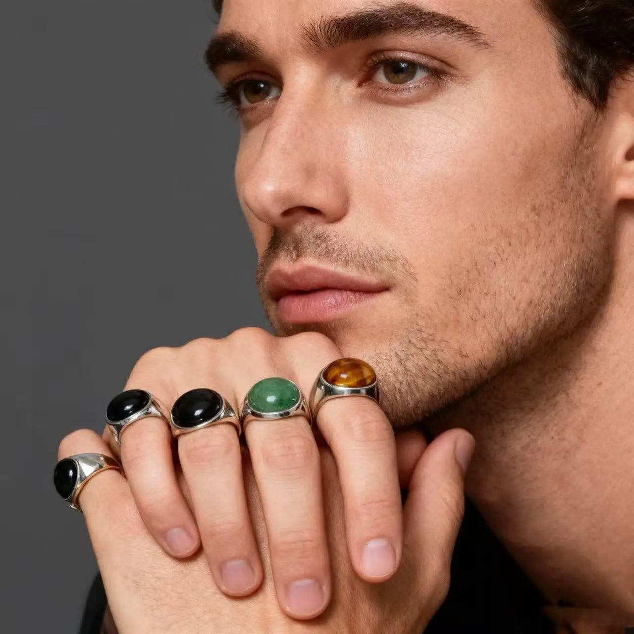 HNSP 316L Edelstahl Oval Naturstein Ring Für Männer Frauen Finger Vintage-Schmuck Schwarz Grün Tigerauge Männliche Ringe