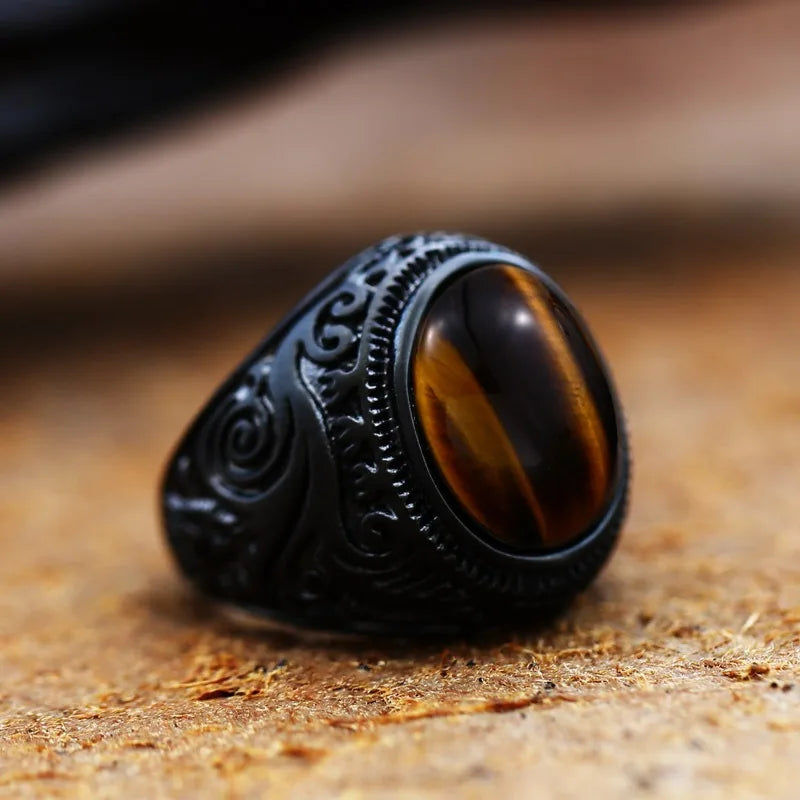 Vintage handgemachte türkische schwarze Zirkon Ringe Retro Männer Edelstahl Tigerauge Stein Ringe klassische Hochzeit Verlobung Schmuck