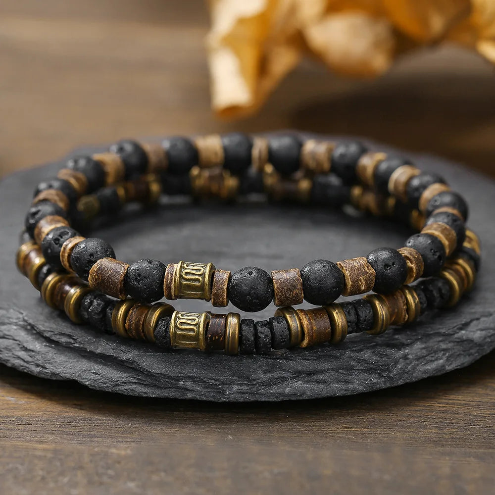 1PC Pulseras Hombre Vintage Tribal Holz Perlen Mann Armbänder Pulseiras Masculina Lava Stein Perlen Männliche Armbänder Homme