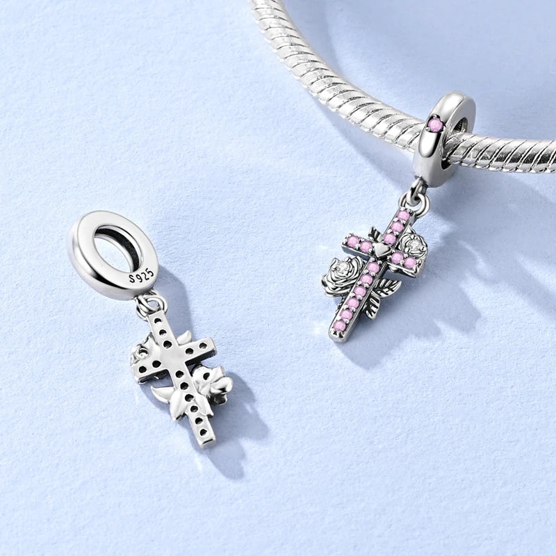 Rosa Charms aus 925er-Sterlingsilber, Perlen, Schmetterling, Parfümflasche, Krone, herzförmiger Zirkon, Charms für Frauen, feiner DIY-Schmuck, Geschenke