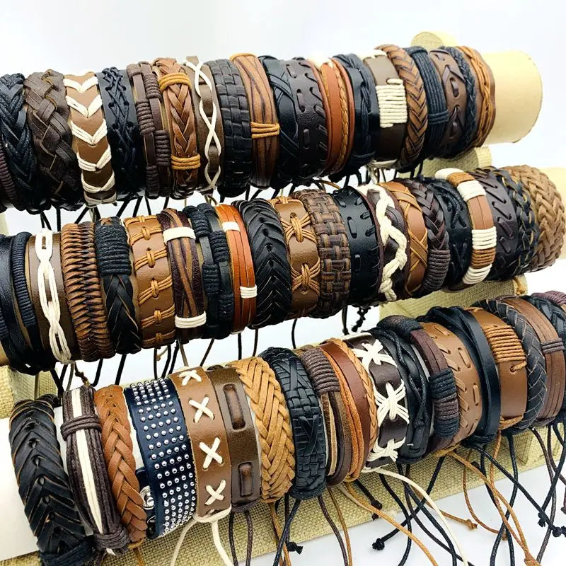 10/20/30/50/100PCs Leder Manschette Armbänder Handgemachte Retro Armreif Armbänder Schwarz/Braun Mode schmuck Party Geschenk Großhandel Lot