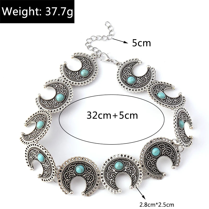 Ethnische Antike Silber Farbe Mond Choker Halsketten für Frauen Boho Türkis Halskette Mädchen Partei Schmuck Geschenke