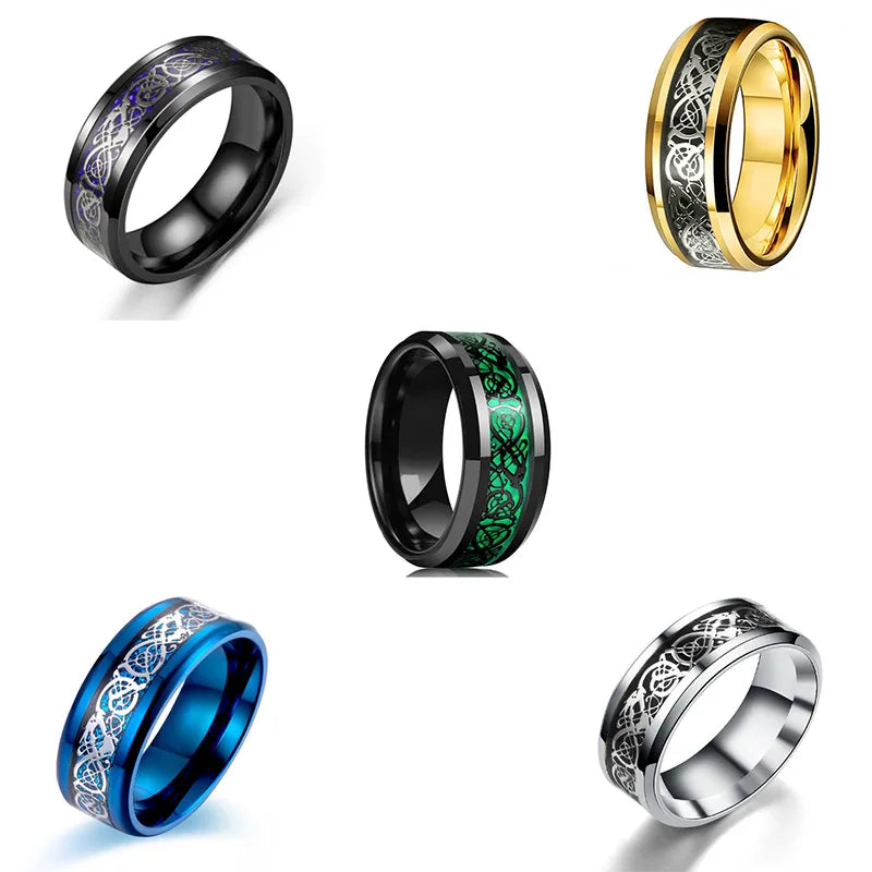 20 Farben Herrenschmuck Rot Blau Schwarz Drache Inlay Comfort Fit Edelstahlringe für Hochzeit Breite 8 mm