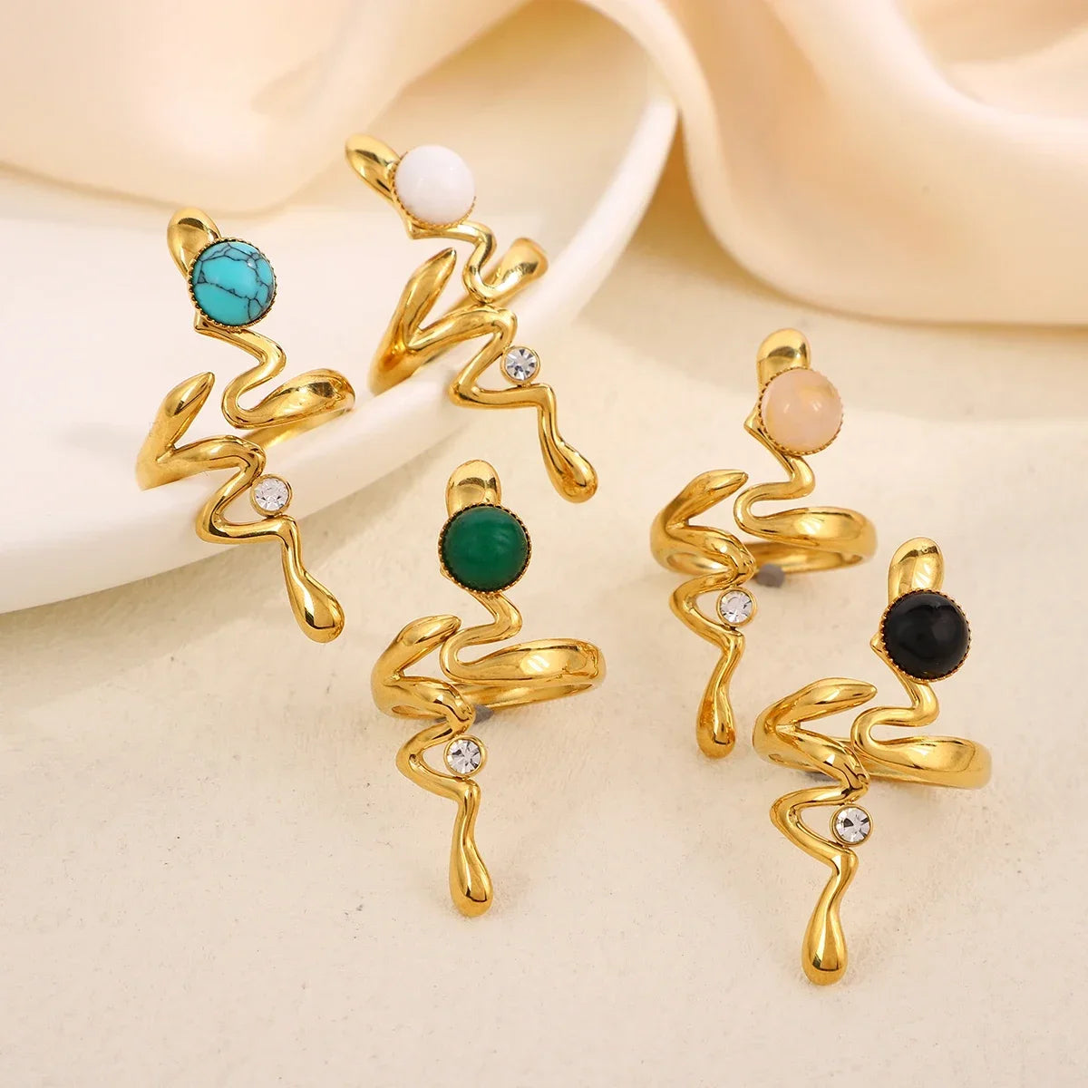 Neue Natürliche Stein Zirkon Schlange Ringe Für Frauen Edelstahl Retro Vintage Öffnung Hochzeit Ring Mode Schmuck Geschenke