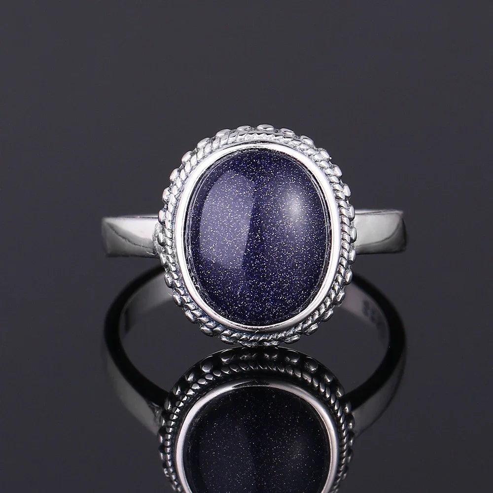 Ring aus 925er-Sterlingsilber, oval, rund, natürlicher blauer Sandstein, Ring für Frauen, Geschenk, Retro-Luxus, edler Schmuck