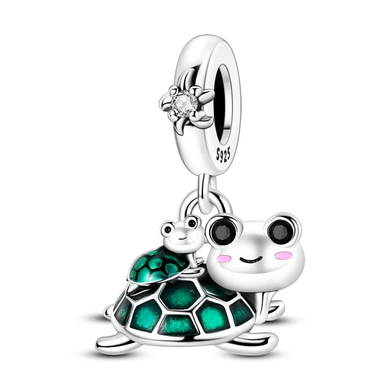 Neu im 925er-Sterlingsilber, grüne Charms, Perlen, Frosch, Kleeblatt, Schildkröte, Anhänger, Schmuck, passend für Original-925-Armbänder für Frauen, DIY-Geschenk