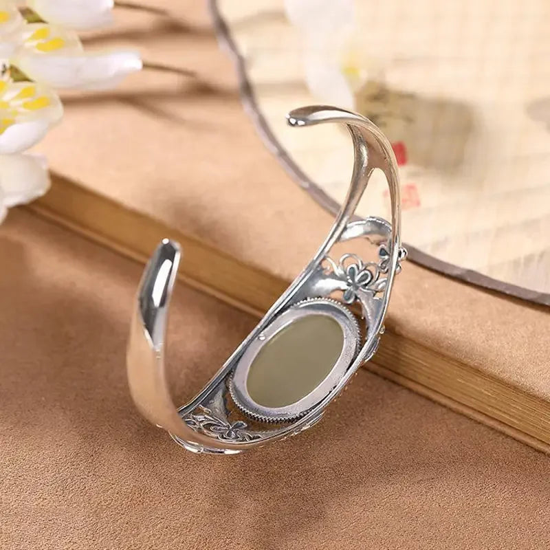 Vintage Silber eingelegte natürliche Hetian Jade Blume Hohl Armreifen für Frauen eleganten Ethno-Stil Hochzeit Verlobung Schmuck