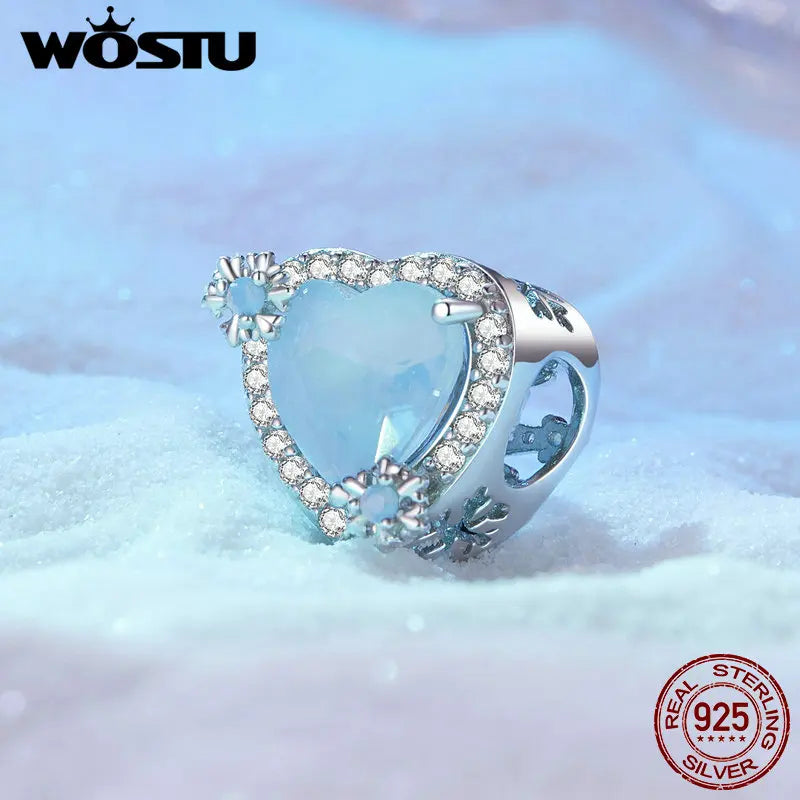 Wostu Sterling Silber schmelzende Eis Schneeflocke Anhänger blau Opal Liebe Herz Regenbogen Charme fit Original Armband DIY Winter Geschenk