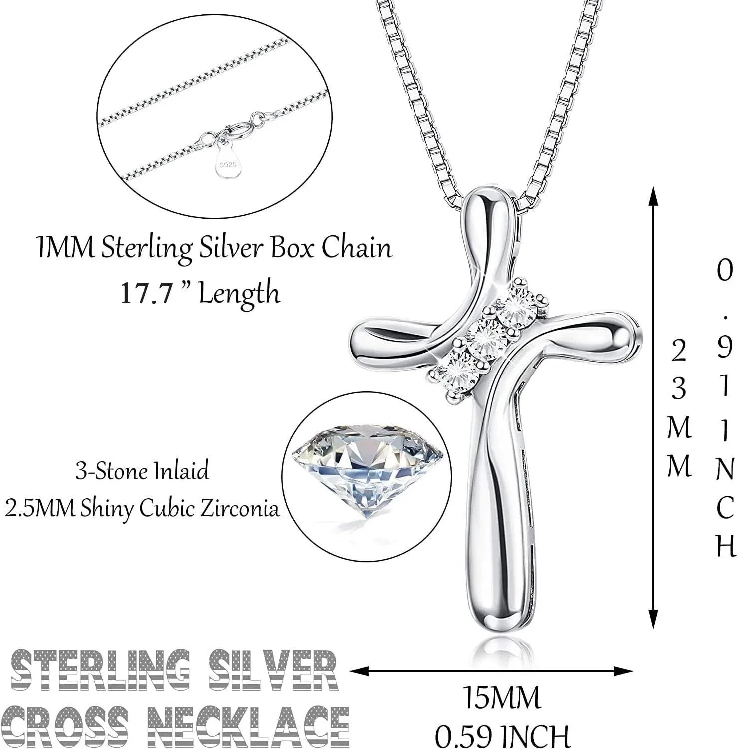 925 Sterling Silber Kreuz Halskette für Frauen 3 Stein Zirkonia Silber Kreuz Anhänger Halsketten mit 1 MM Box Kette, 18 Zoll
