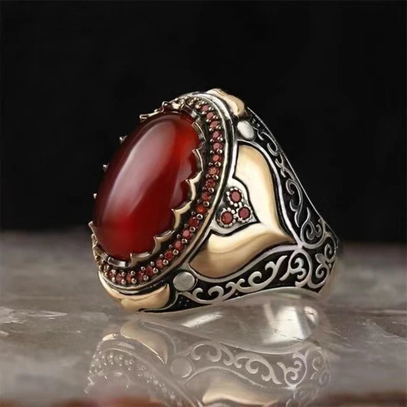 Trendy Handgemachte Nahen Osten Arabisch Türkische Siegelringe Für Männer Alte Silber Farbe Rot Granat Stein Flamme Ring Hochzeit Schmuck