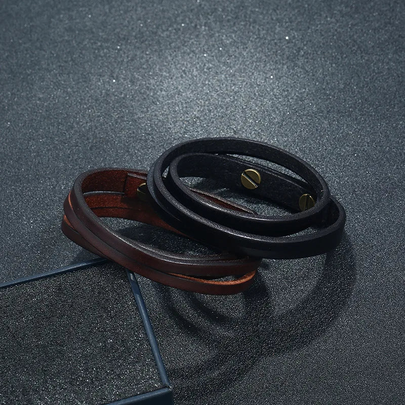 MKENDN Punk Vintage Doppel Strang Schwarz Braun Echtes Echtes Kuh Leder Charme Unisex Schnalle Armband Für Männer Frauen Schmuck Geschenke