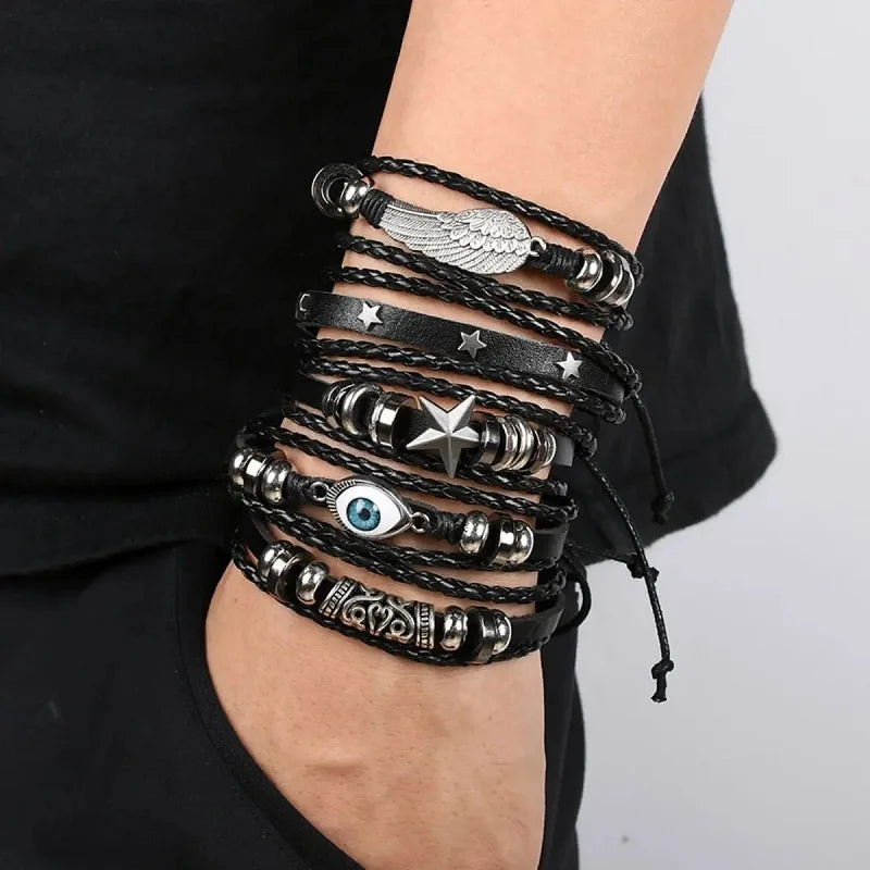 Punk Multilayer Antike Leder Armband Set Schädel Auge Stern Charms Hiphop Rock Y2K Vintage Pu Gothic Armband Mann Goth Schmuck