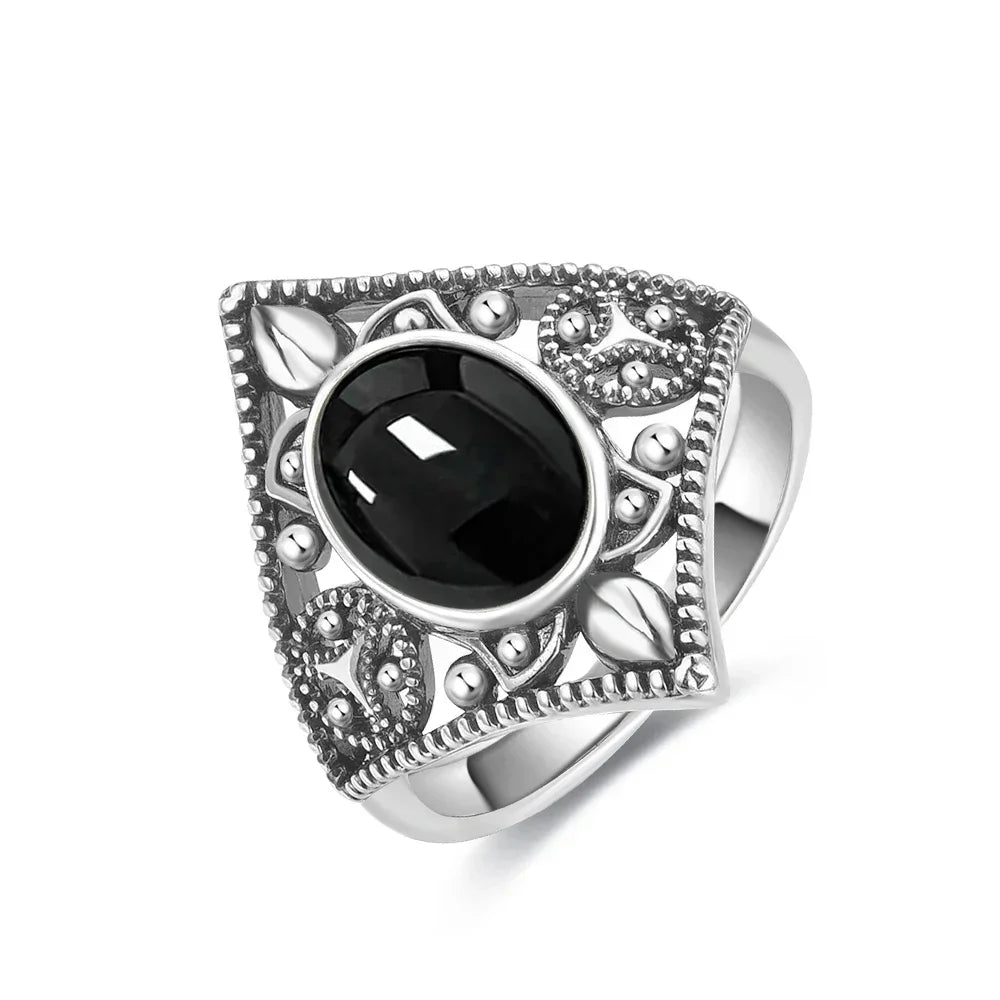Vintage-Ring aus 925er Silber, natürlicher schwarzer Onyx-Ring, kreisförmiger Denier-Typ, Pferdeauge-Design, Geschenk, edler Schmuck, schwarzer Ring für Männer und Frauen
