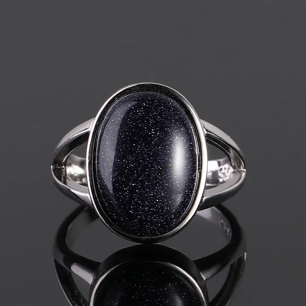 Ring aus 925er-Sterlingsilber, oval, rund, natürlicher blauer Sandstein, Ring für Frauen, Geschenk, Retro-Luxus, edler Schmuck